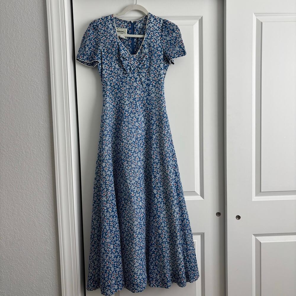 VTG 70s Young Innocent by Arpeja Blue Floral Maxi Dress Prairie Cottagecore Sz 5